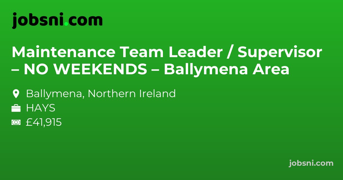 Maintenance Team Leader / Supervisor – NO WEEKENDS – Ballymena Area