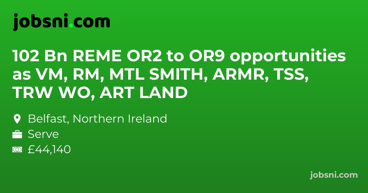 102 Bn REME OR2 to OR9 opportunities as VM, RM, MTL SMITH, ARMR, TSS, TRW WO, ART LAND